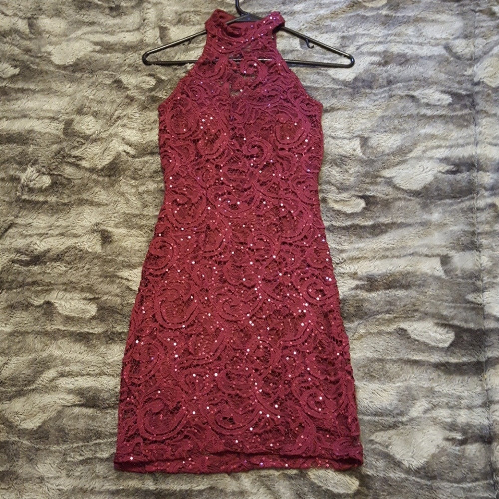 Maroon High-neck low-back Mini Party Dress